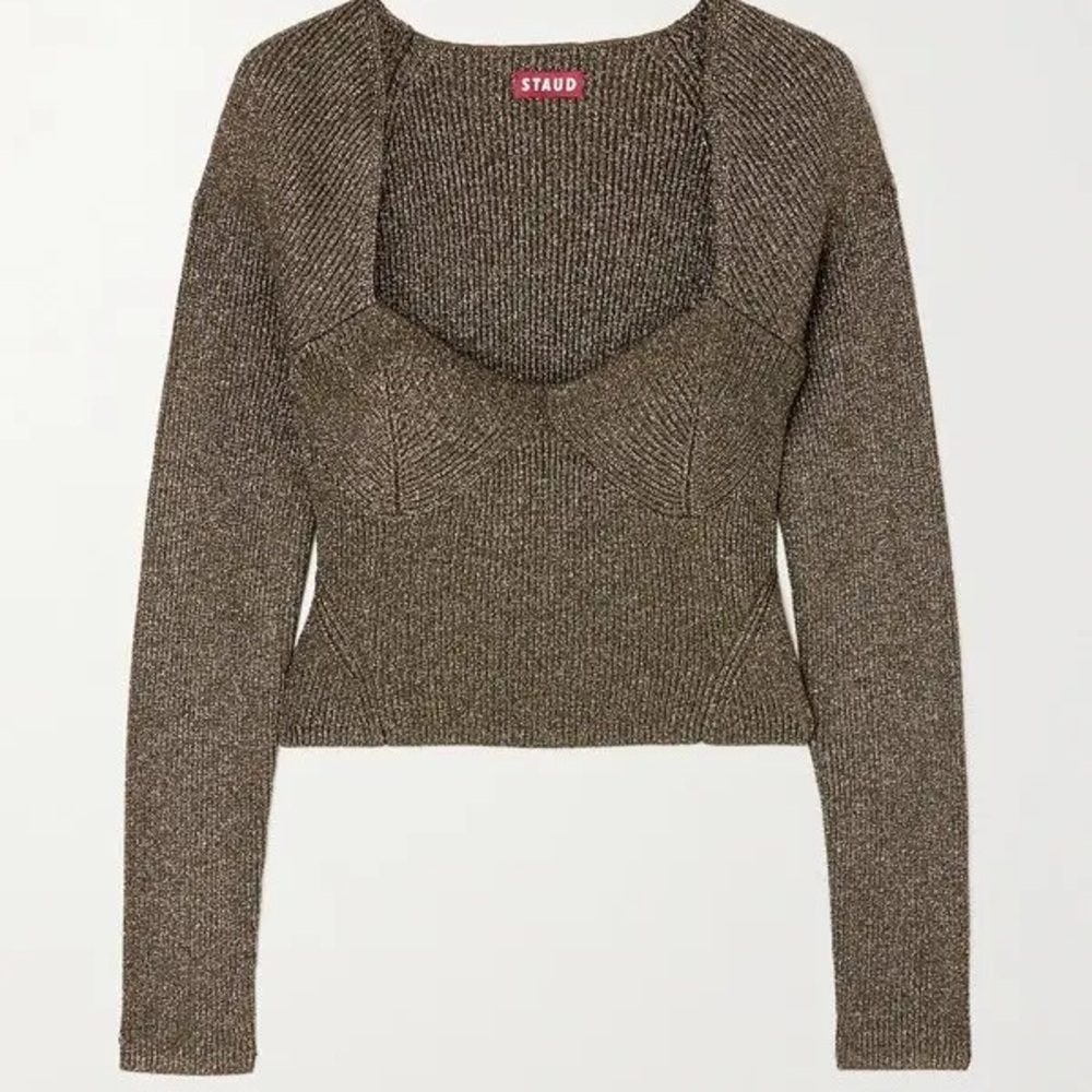 STAUD Cerro Metallic Ribbed-Knit Bustier Top Large.      13 - Picture 2 of 8